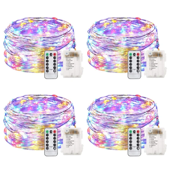 Fairy Lights Christmas String Lights Battery Operated 8 Modes 100 LED 33FT Fairy String Lights Portable Twinkle Firefly Lights Remote Timer for Bedroom Garden Party Decoration Multicolor - 4 Set