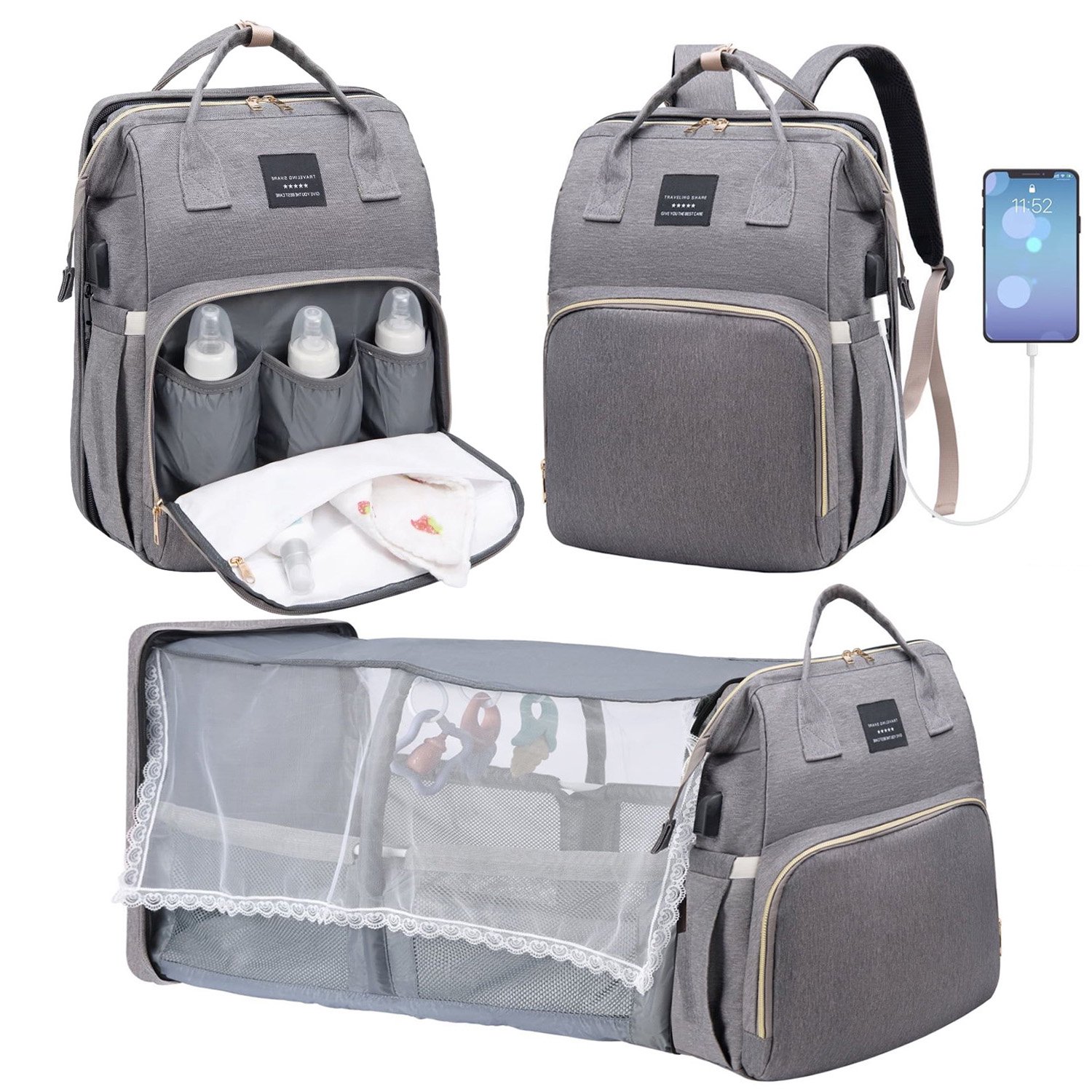 Diaper Bag Backpack - Multifunctional Baby Changing Bag with Foldable Crib  & Insulated Milk Bottle Pocket - Large Capacity Travel Backpack with USB  Charging Port & Stroller Strap (Grey) - Rirool