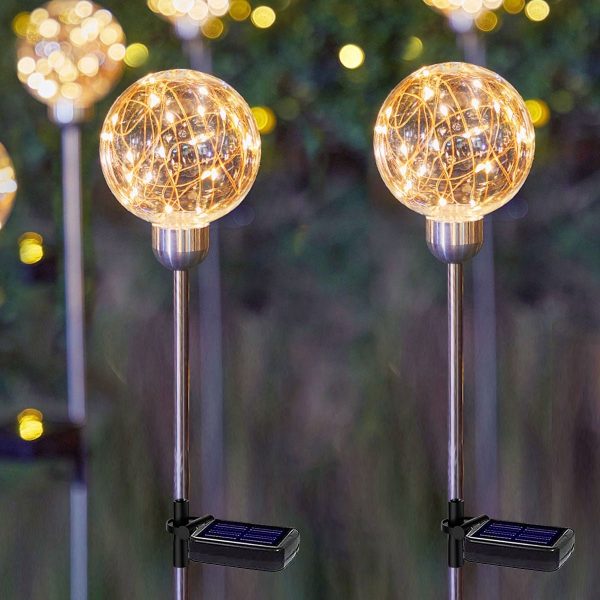 Globe Solar Lights Outdoor Stake (2 Pack) - Warm White Firefly LED Lights - Plastic & Metal Color Solar Lights for Yard Décor